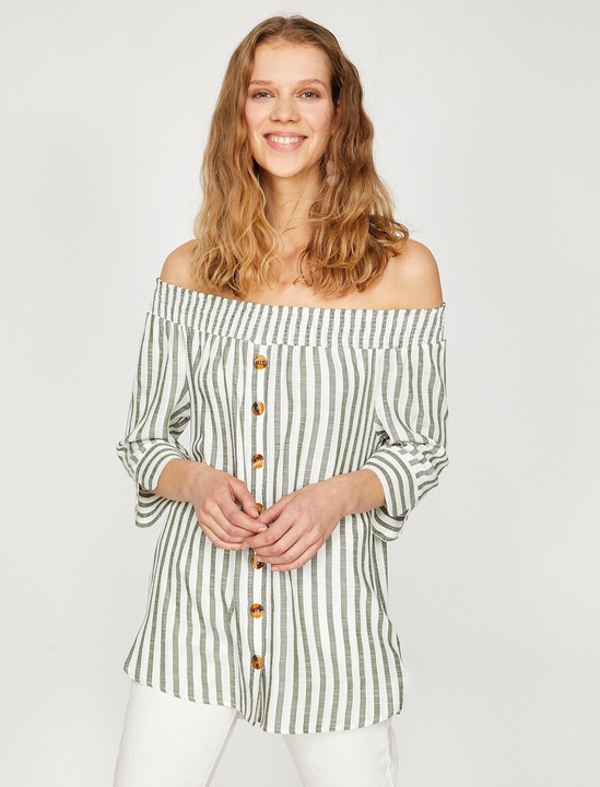 KOTON, Bluza cu decolteu pe umeri si model in dungi, Verde, XS