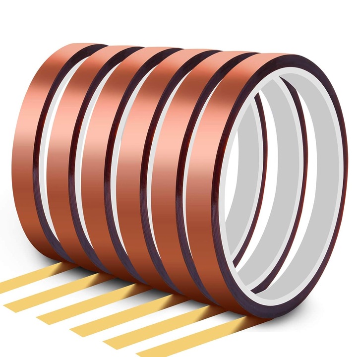 Banda termorezistenta pentru presa de caldura, banda de transfer termic din poliimida cu adeziv siliconic, rezistenta pana la 280°C, fara reziduuri, Maro, Set 6 bucati, Latime 2/5 in, 108 ft/rola