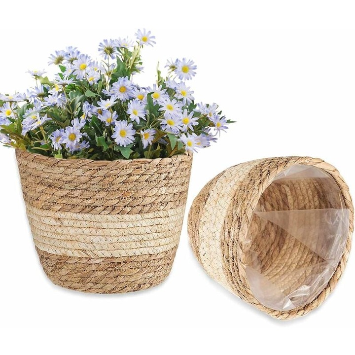 Set 2 cosuri din iarba de mare, accesorii decorative, negru, multifunctional, pentru depozitare si plante