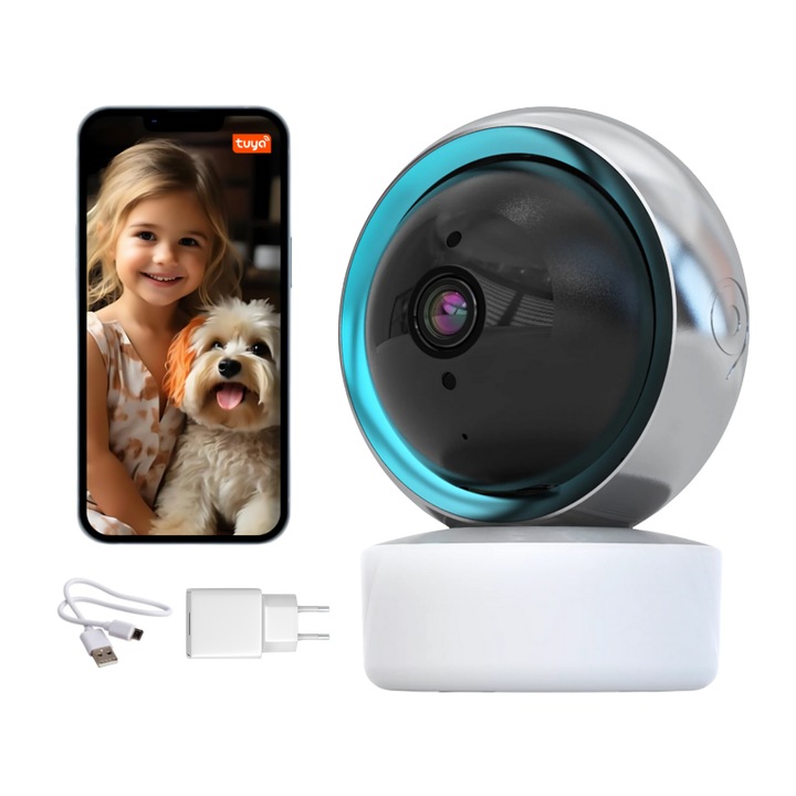 Цифров бебефон с безжична аудио-видео камера, HD 1080P резолюция, 355° въртене, нощно виждане, двупосочна комуникация, детекция на движение, WiFi връзка, управление чрез приложение, бял