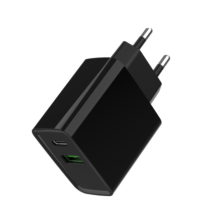 Gembird (TA-UC-PDQC20-01-BK) 2 portos hálózati USB gyorstöltő, 1* USB-C PD 20W, 1* USB-A QC 3.0 20W, fekete