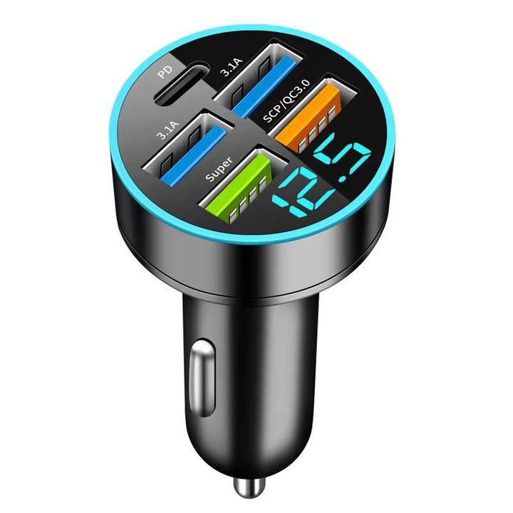 USB C autós gyorstöltő 5 az 1-ben feszültségkijelzővel, 20 W, kompatibilis iPhone, Samsung, Huawei, Xiaomi, sokszínű