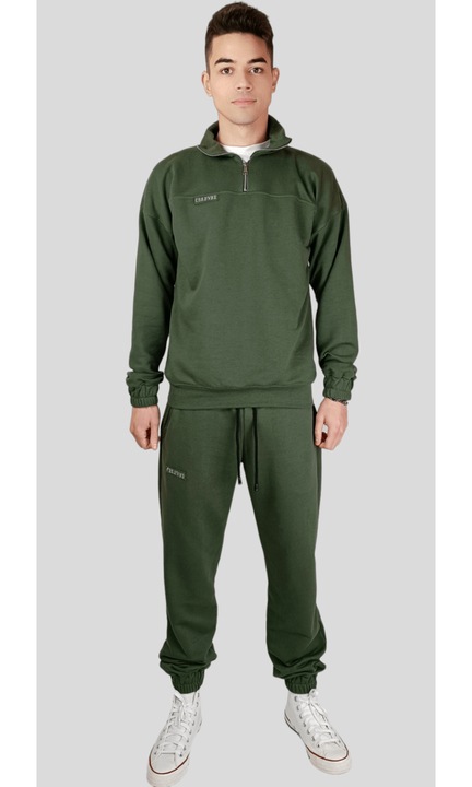 Мъжки тренировъчен комплект CELEVRI от 100% памук, с цип и паднало рамо, Каки