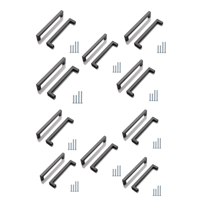 Set de 10 maner, PinLin, pentru sertare si dulapuri, din otel inoxidabil, distanta intre orificii de 160 mm, latime de 12 mm, negru