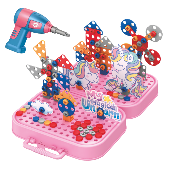Joc de Constructie Montessori EVI TOYS UNICORN, Masina de Insurubat Electrica, Educativ si Creativ, 228 Elemente, 23.5x17 cm, Multicolor