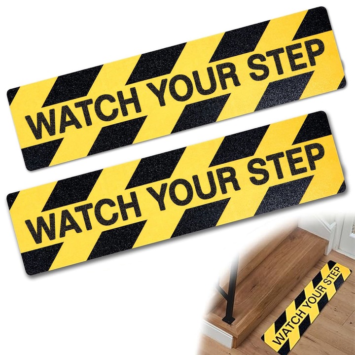 Set 2 Sticker Indicator Autoadeziv de Avertizare, Hggzeg, Indicator Caution "Watch Your Step", Frosted anti-alunecare, Impermeabilizare, Usor de aplicat, Potrivit pentru scari, paliere, praguri ridicate, PVC, 15 x 60 cm, Negru/galben