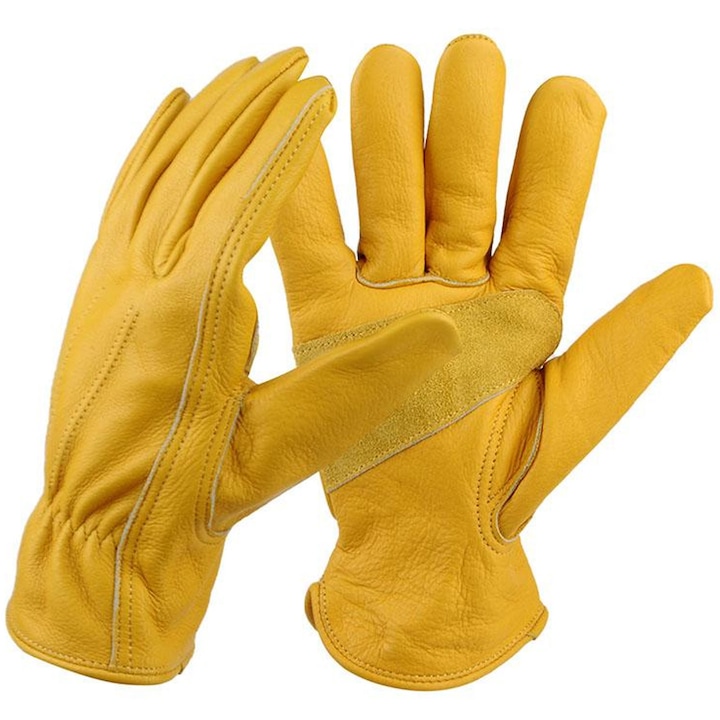 Manusi de protectie din piele bovina, Hggzeg, Marimea M, Manusi de protectie rezistente la spini, Manusi protectia muncii, Cusatura cu fir dublu si incheieturi elastice, Potrivit pentru constructii, gradinarit, ungere, Culoare galben