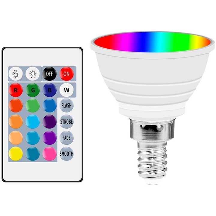 Bec LED RGB E14 3W színváltós távirányítóval, hideg fehér, 45°