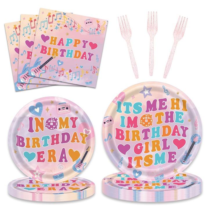 Set vesela pentru petrecere, 96 piese, multicolor, 24 farfurii 23cm, 24 farfurii 18cm, 24 servetele, 24 furculite, 24 servetele