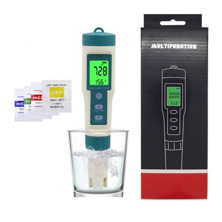 Aparat KALEPO® Pentru Testarea Calitatii Apei, 7 in 1, Salinitate/PH/TDS/EC/ORP/SG/Temp, Tester Apa cu Precizie Mare, Display LCD HD, Valori Apa Potabila, Apa din Piscina, Acvariu sau ale Apei folosite pentru Plante, Imbunatateste Somnul si Sanatatea