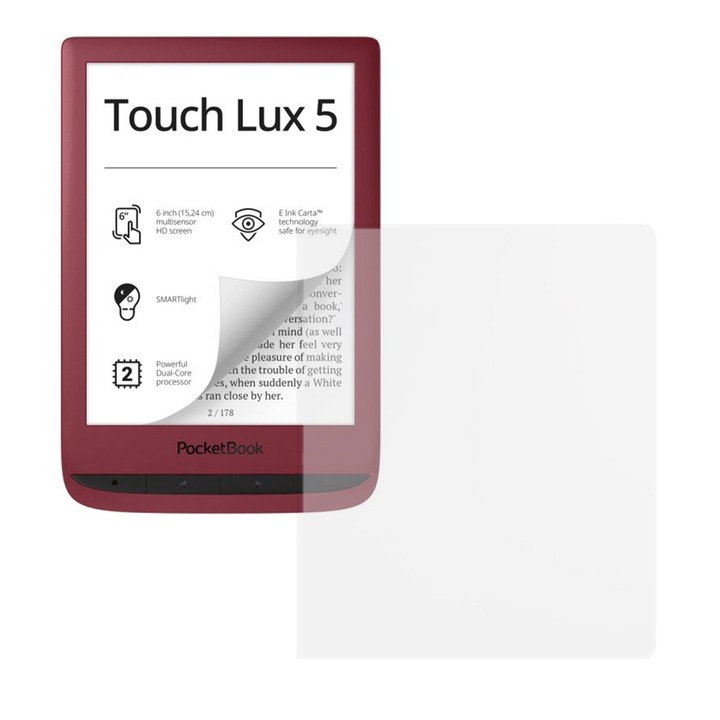 Szilikonfólia PocketBook Touch Lux 5-höz (PB628), e-olvasó védelem, újragenerálható, tisztaság 99%, nagy felbontású, megakadályozza az ujjlenyomatokat és a port, ütésálló, átlátszó