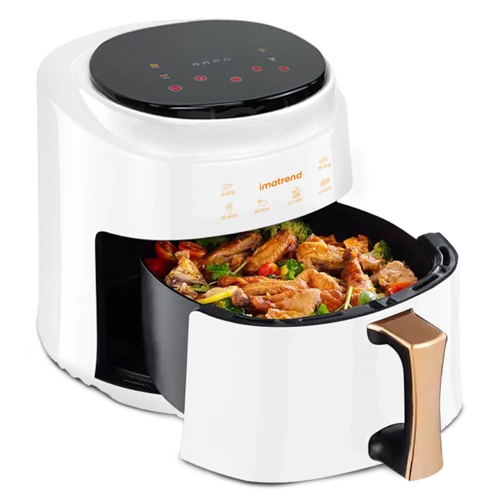 Légsütő, olaj nélkül, IMA TREND XL Air Fryer, 1400W, űrtartalom 8L, állítható hőmérséklet 80-210°C, időzítő 60 perc, kivehető edény, digitális kijelző, Fehér