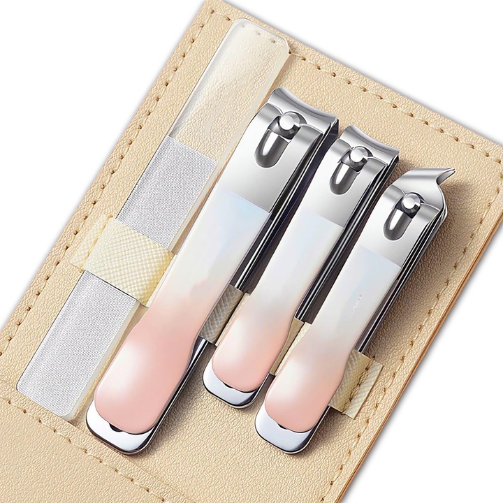 Set unghiere si clesti manichiura si pedichiura, 4 piese, roz, cu husa din piele