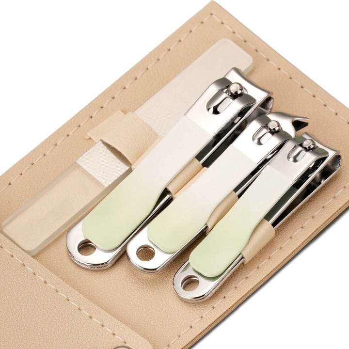 Set unghiere si clesti manichiura/pedichiura, 4 piese cu husa din piele, verde deschis