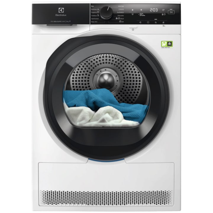 Electrolux EW7D495UCE Hőszivattyús szárítógép, 9 kg, 11 program, C energiaosztály, Wi-Fi, Inverter motor, LED kijelző, DelicateCare, Sensicare, Megfordítható ajtó, Dob belső világítás, Fehér