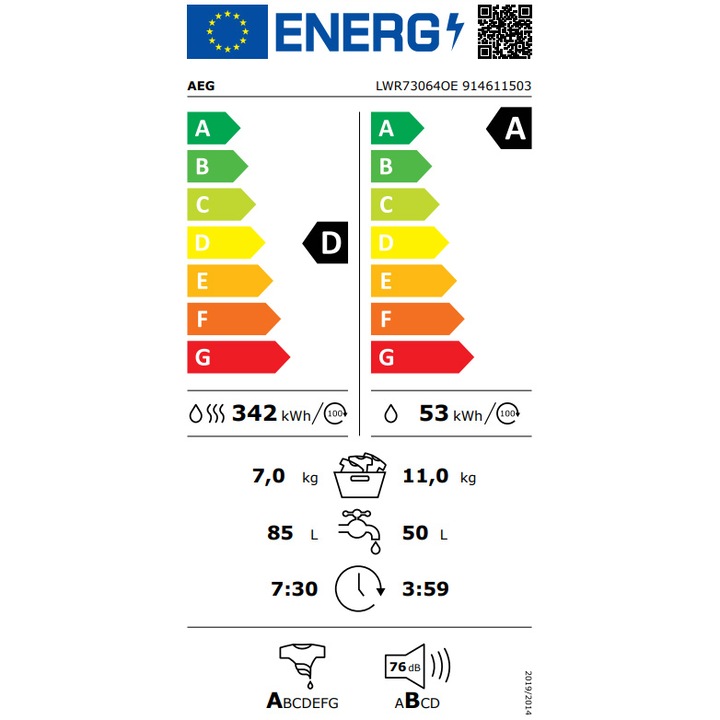 Masina de spalat rufe cu uscator AEG LWR73064OE, Spalare 11 kg, Uscare 7 kg, 1400 rpm, Clasa D, Wi-Fi, Motor Inverter cu MagnetPermanent, ProSense,ProSteam, Finnish-In, TimeSave, Alb