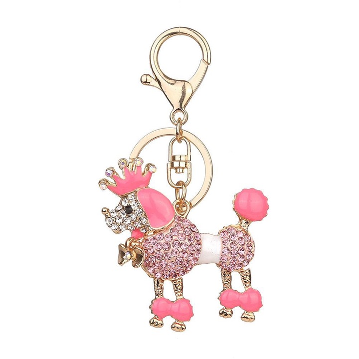 Ötvözet kulcstartó, Jormftte, kutyaforma, strasszokkal díszítve, rózsaszín