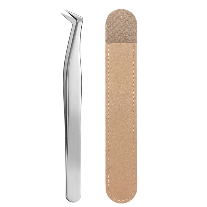 Penseta din otel inoxidabil pentru gene, etui din piele