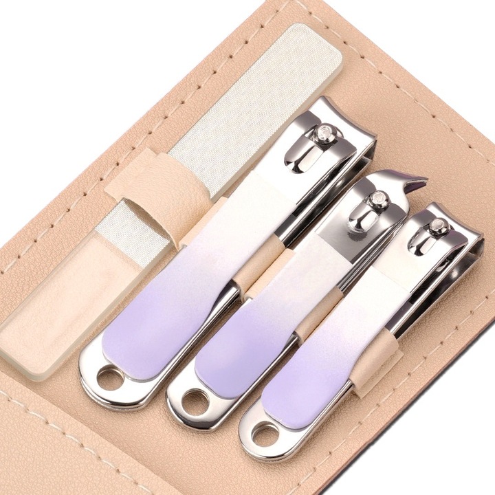 Set trusa manichiura si pedichiura, clesti unghii, 4 piese, culoare mov deschis, cu husa din piele