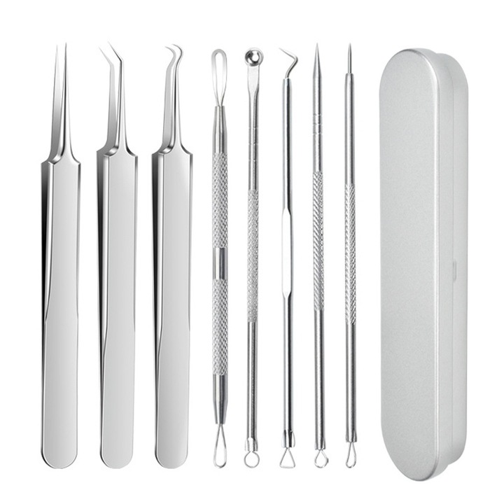 Set 8 piese unelte pentru acnee din otel inoxidabil, clipuri pentru acnee, cutie din metal