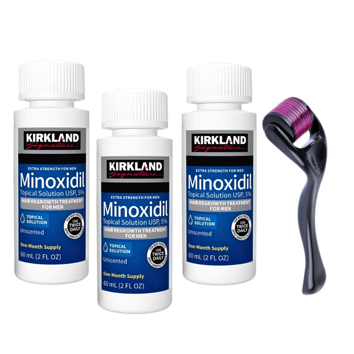 Készlet hajhullás ellen - Minoxidil Kirkland 5%, 3 hónapos alkalmazás, 180 ml, Dermaroller DRS védősapkával - 1mm