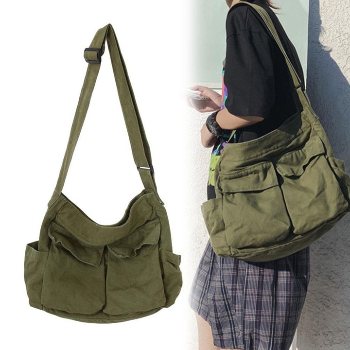 Geanta Messenger Cozevdnt, model vintage, din panza, capacitate mare, verde