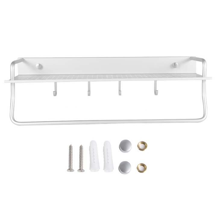 Jormftte fürdőszobai tartó, alumínium fali polc, 40x10x5cm, kampókkal és rúddal, korrózióálló