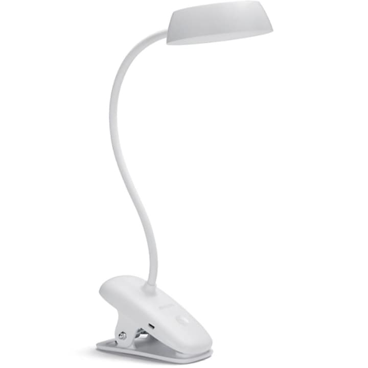 Настолна лампа LED Philips Donutclip, С батерия, 3W, 5V, Регулируем интензитет на светлината, Температура на светлината 4000K, IP20, 38 см, Бял