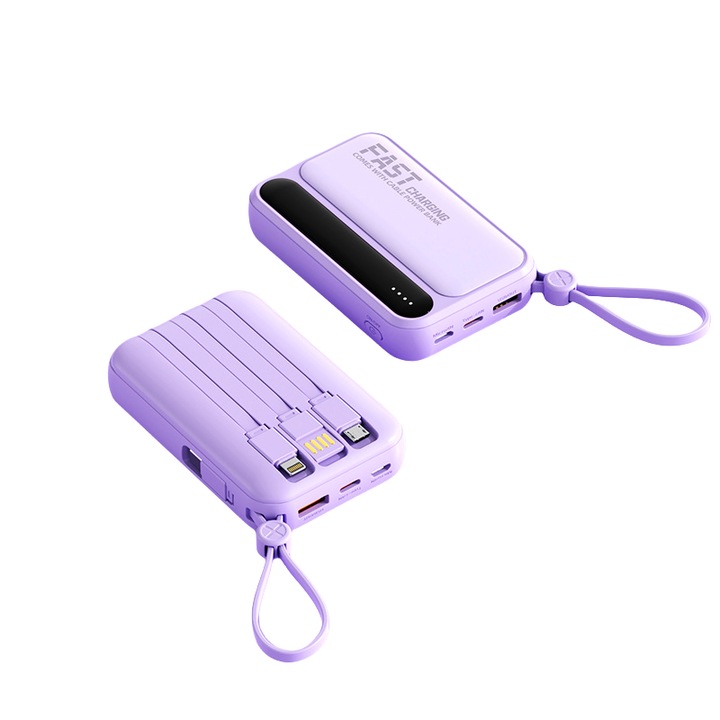 Power bank integrált kábelekkel, 20000mAh kapacitás, LED képernyő, dupla USB, fekete