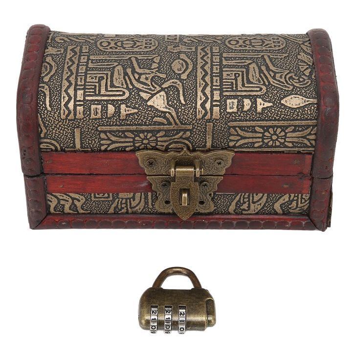 Cutie de bijuterii din lemn cu lacat, Longziming, visiniu/bronz, 146x80x80mm