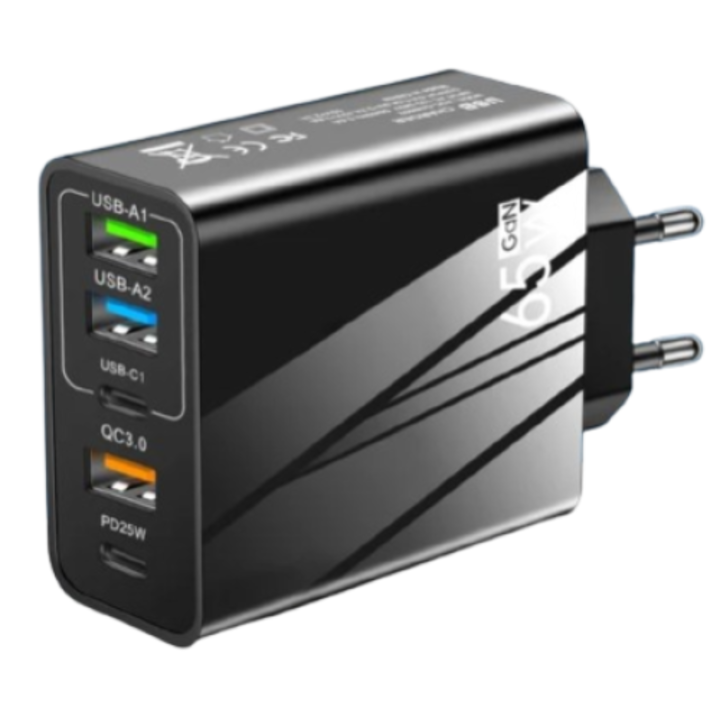 Hálózati töltő, 65 W-os gyorstöltés, 5 port, 3 x USB, 2 x Type-C, univerzális kompatibilis iPhone, Huawei, Samsung, Xiaomi, fekete
