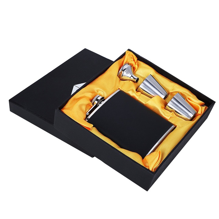 Rozsdamentes acél termoszpalack készlet fedéllel, két pohárral és tölcsérrel, Jormftte, 7oz, fekete