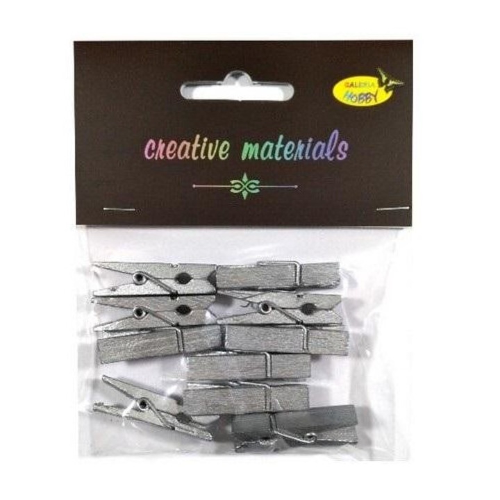 Cleme decorative din lemn, Galeria Hobby, 35mm, set 10 bucati, argintii, 116x97mm