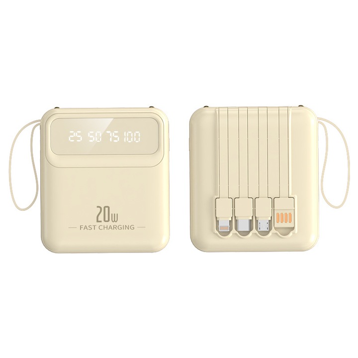 Külső akkumulátor 20000mAh beépített kábelekkel, LED kijelző, 4 port, 230g