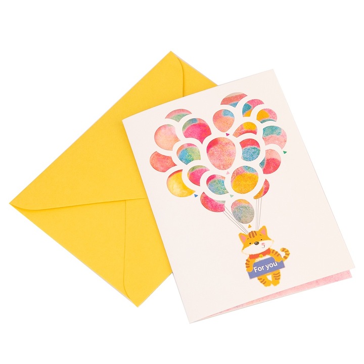 Felicitare decupata model baloane cu plic galben