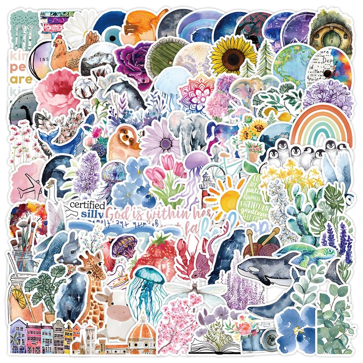 Set 100 Stickere Decorative, rezistente la apa, multicolor, tema acuarela