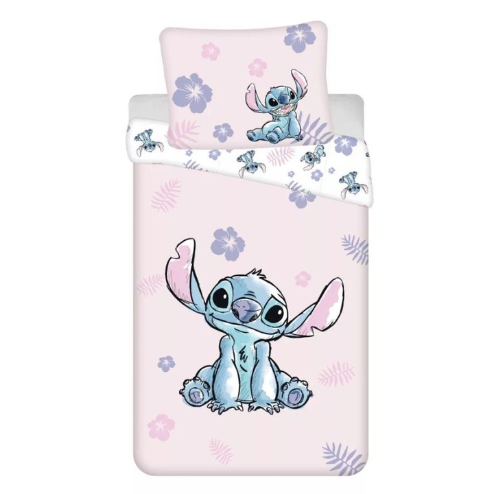 Детски спален комплект Disney, Lilo and Stitch, 2 части, 140х200 см, 100% памук, Светло розов/Бял