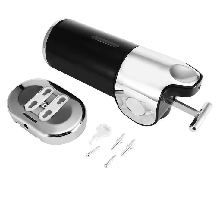 Falra szerelhető folyékonyszappan adagoló, 500 ml-es űrtartalom, műanyag, fekete