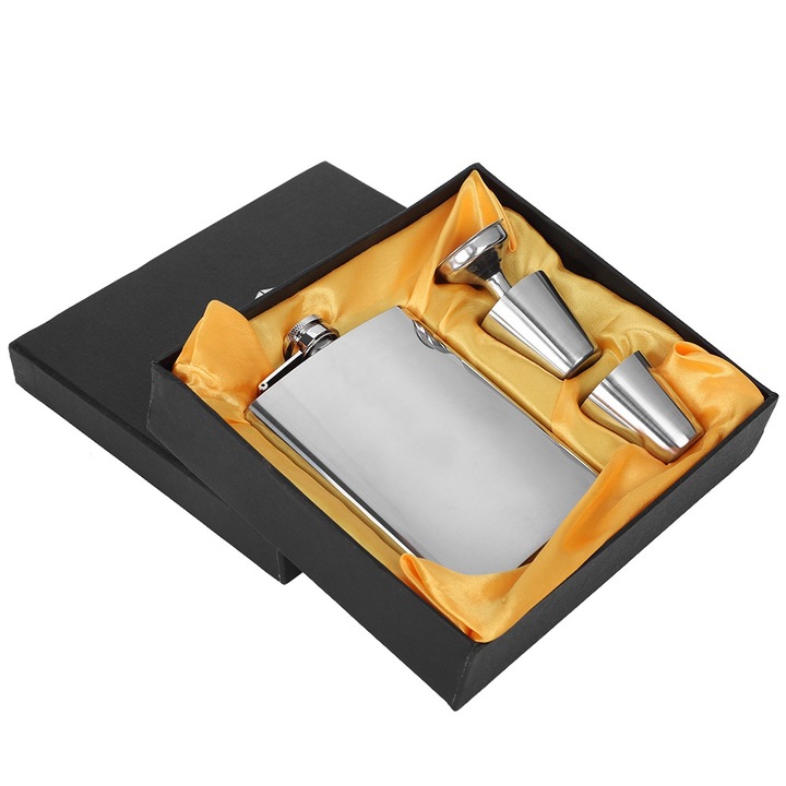 7Oz rozsdamentes acél lombik szett tölcsérrel és két borospohárral, Jormftte, elegáns design, hordozható