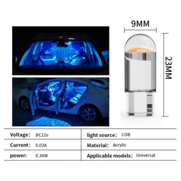 Автомобилен светодиод T10 (W5W) COB, водоустойчив, без канбус