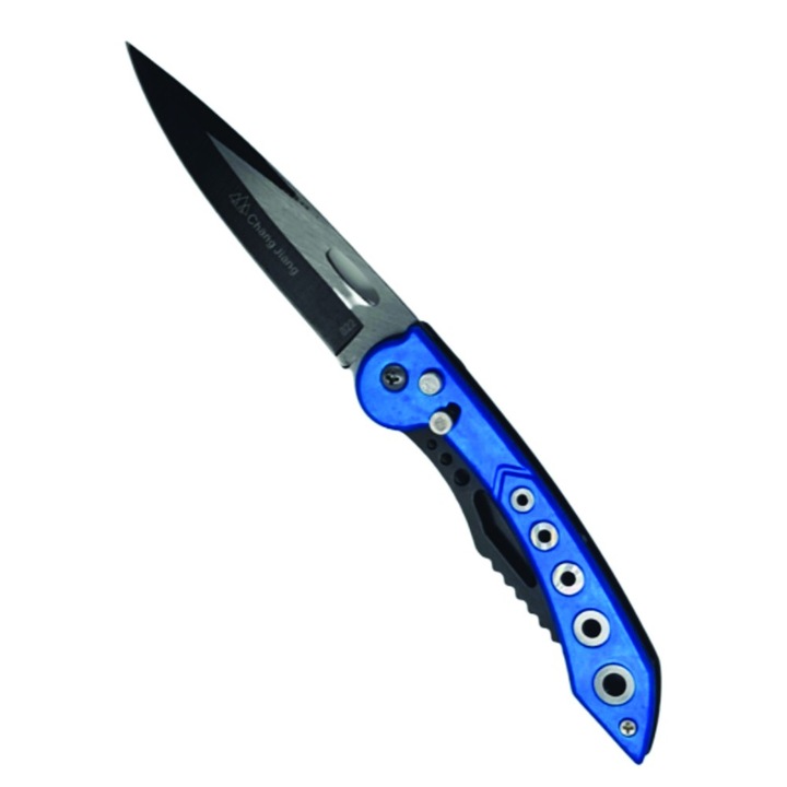 Briceag deschidere a lamei automata pe buton, lama otel negru, 22 cm, 5 cercuri, sisitem prindere curea, albastru, dalimag