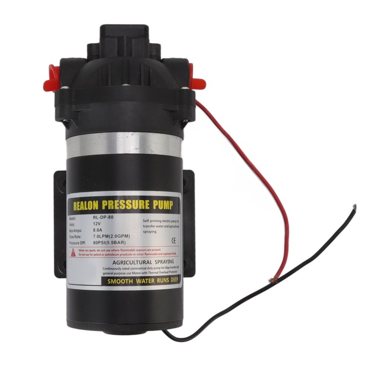 Мембранна водна помпа, Longziming, 12V, 7.0 l/m, 80PSI, пластмаса, 220x87x85mm