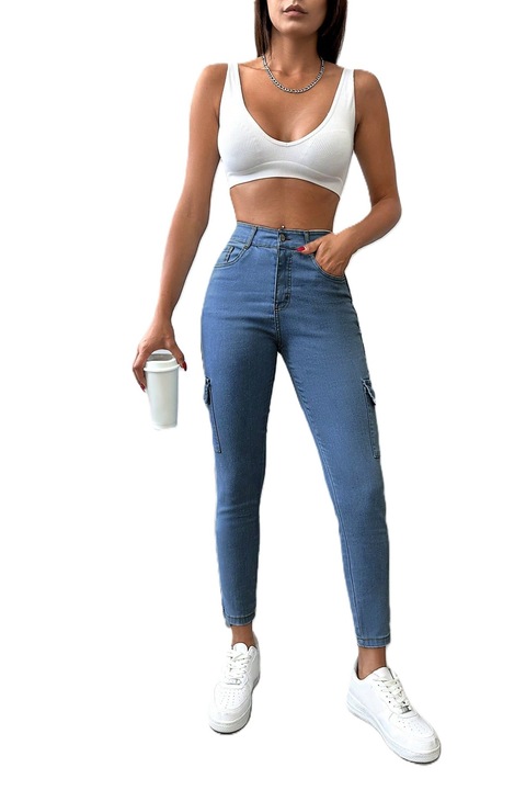 Blugi Dama, Cu Croi Slim Fit, Stil Cargo, Cu Buzunare Laterale, Albastru inchis