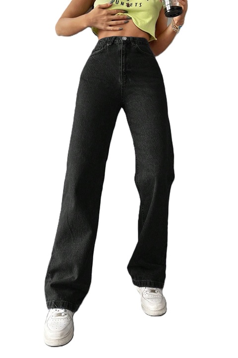 Blugi Dama, Croiala Mom Fit Si Culoare Solida, Negru