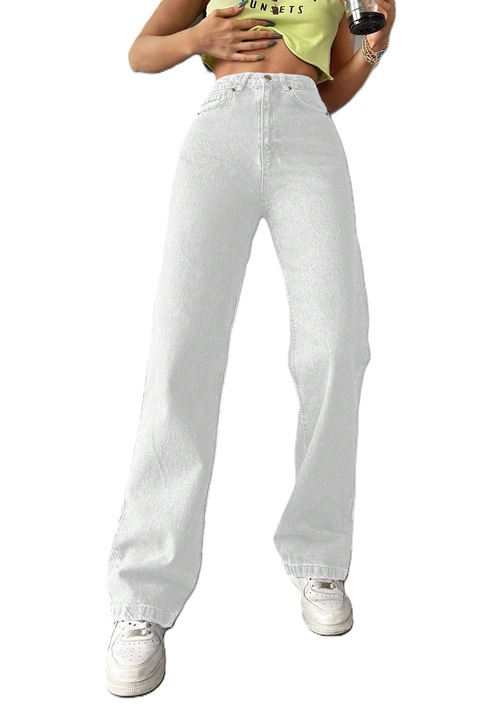 Blugi Dama, Croiala Mom Fit Si Culoare Solida, Alb