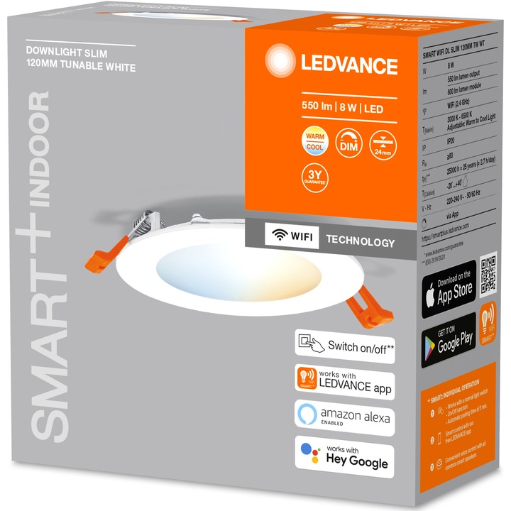 Смарт LED спот за вграждане Ledvance Orbis, Wi-Fi, 8W, 550 lm, Регулируема температура на светлината, Гласово управление, IP20, 120 мм, Бял, Енергиен клас E