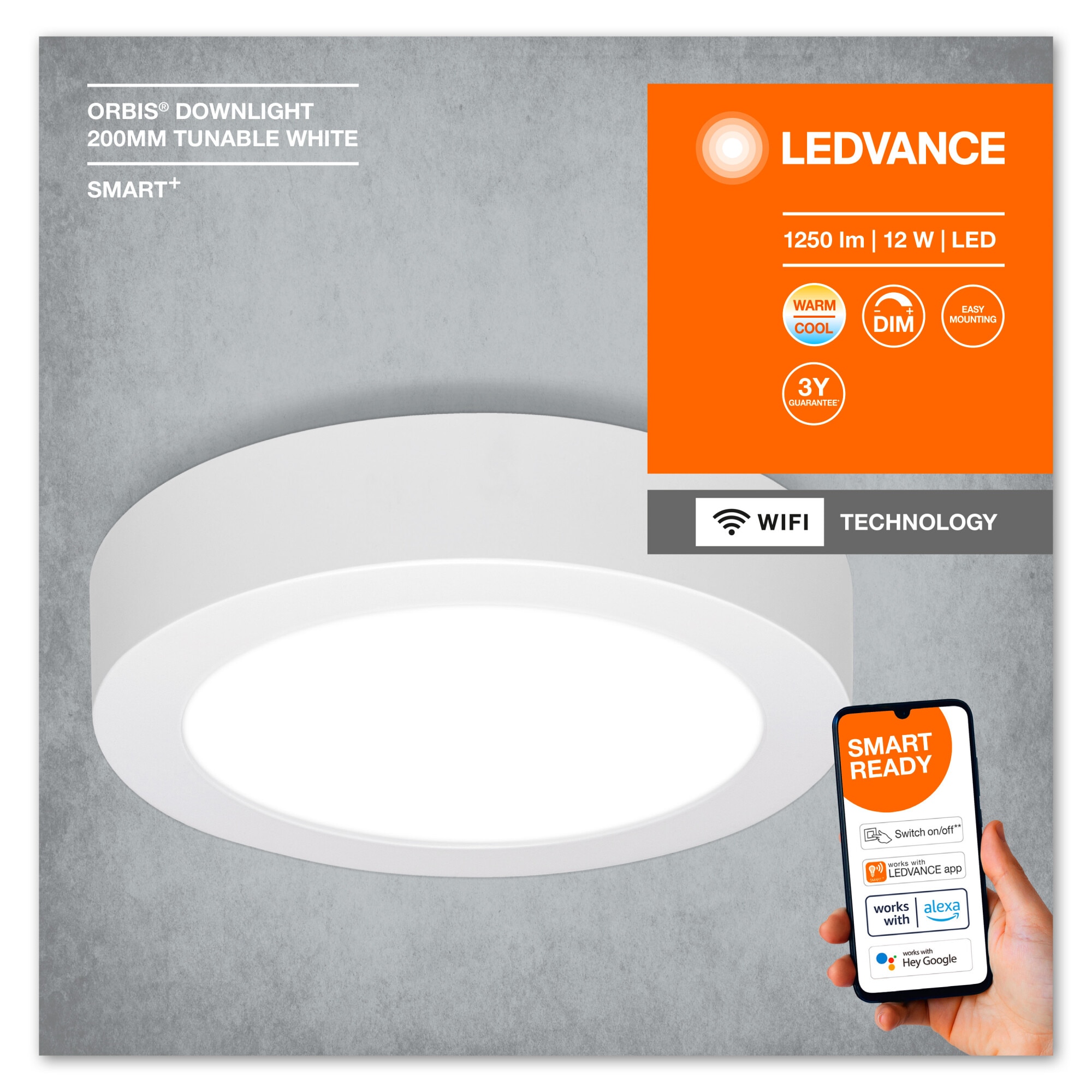 Plafoniera LED inteligenta Ledvance Orbis, Wi-Fi, 12W, 900 lm, temperatura lumina reglabila, control vocal, IP20, 200 mm, Alb, Clasa energetica F