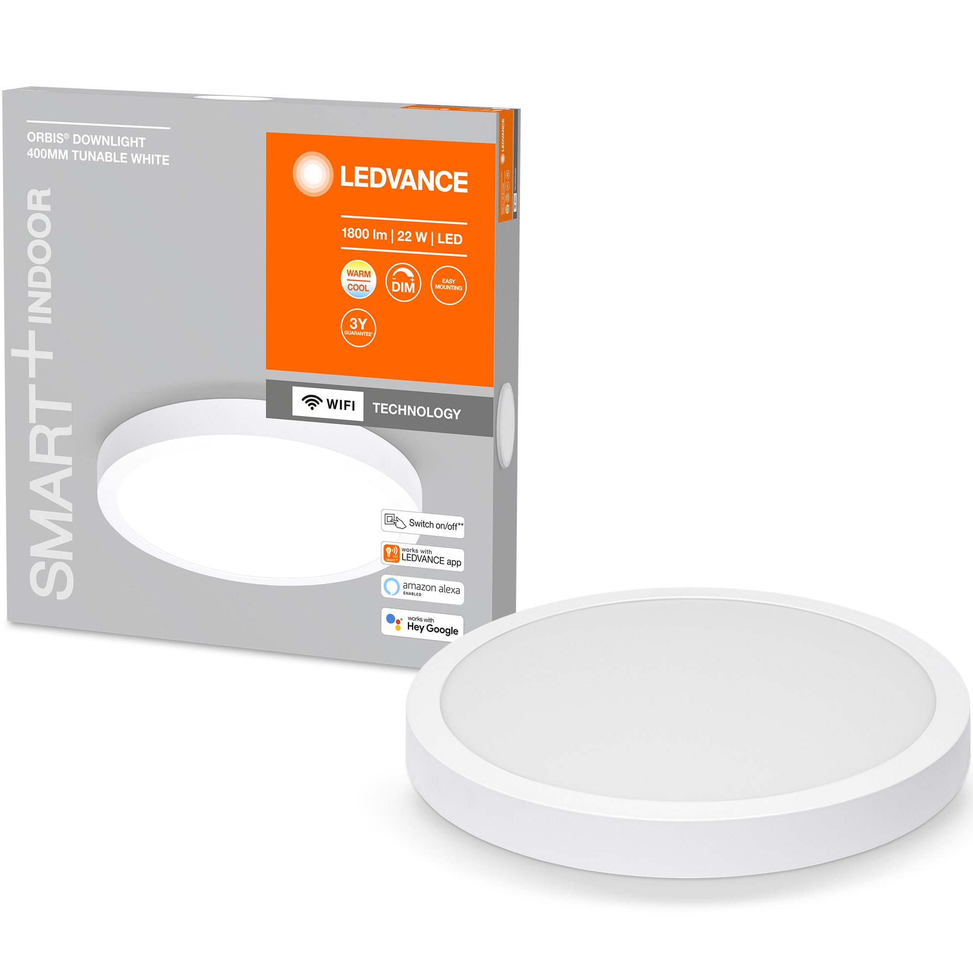 Plafoniera LED inteligenta Ledvance Orbis, Wi-Fi, 22W, 1800 lm, temperatura lumina reglabila, control vocal, IP20, 400 mm, Alb, Clasa energetica E