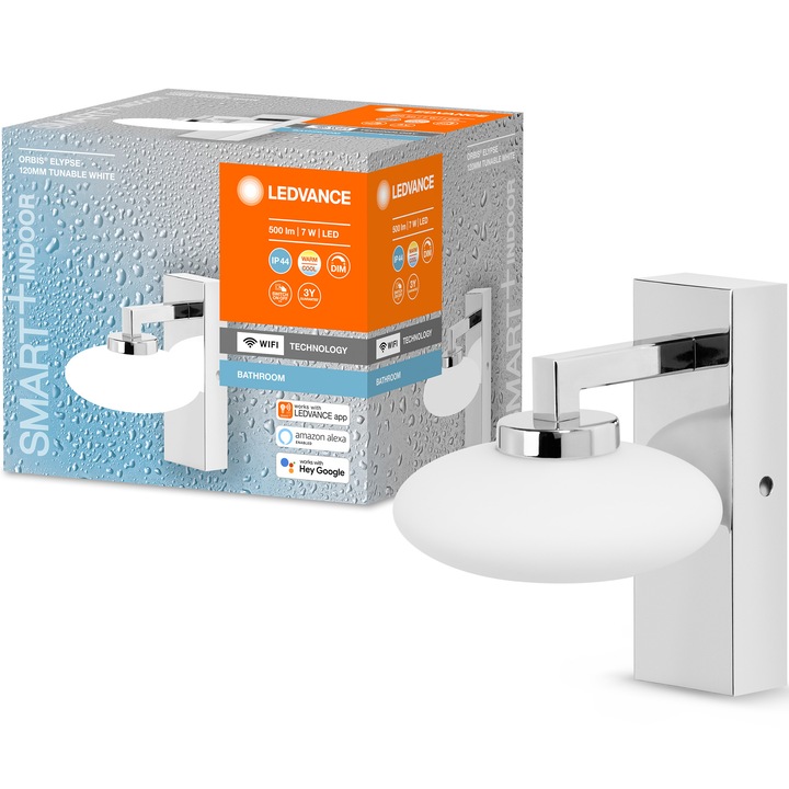 Aplica LED inteligenta pentru oglinda baie Ledvance Orbis, Wi-Fi, 7W, 500 lm, temperatura lumina reglabila, control vocal, IP44, 120 mm, Clasa energetica F