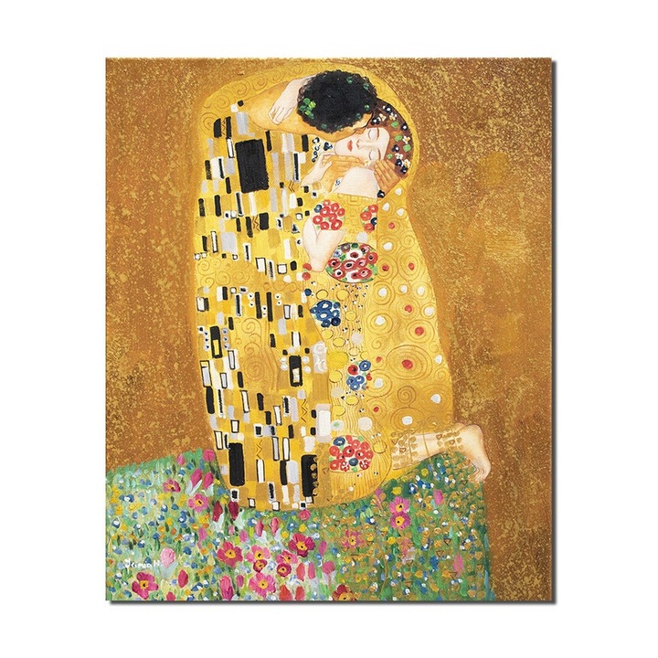Tablou celebru pictat manual, The Kiss, Sarutul, 50x40cm ulei pe panza, reproducere Gustav Klimt